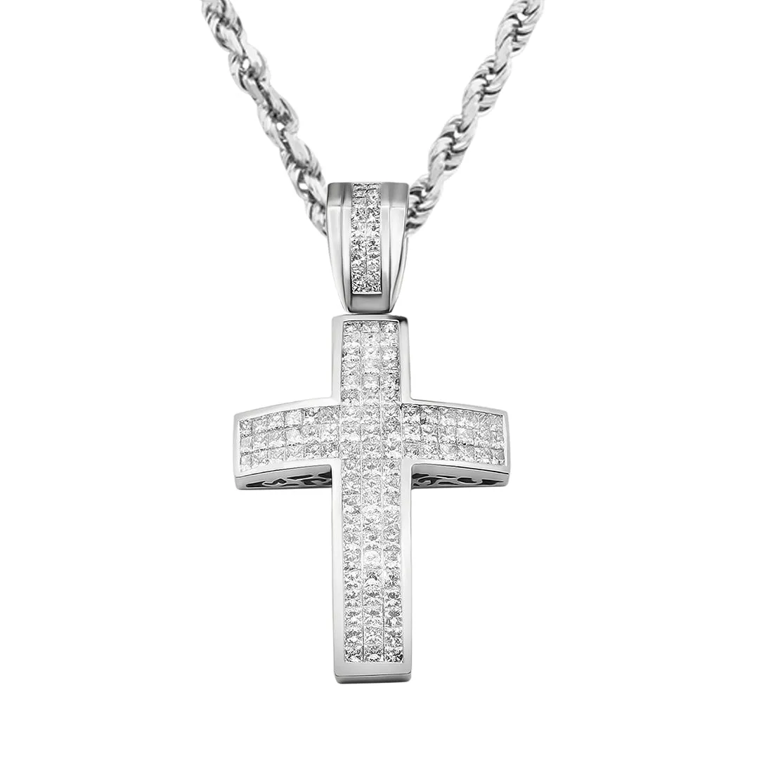 14K Diamond Princess Cut Cross Pendant 9.5ctw