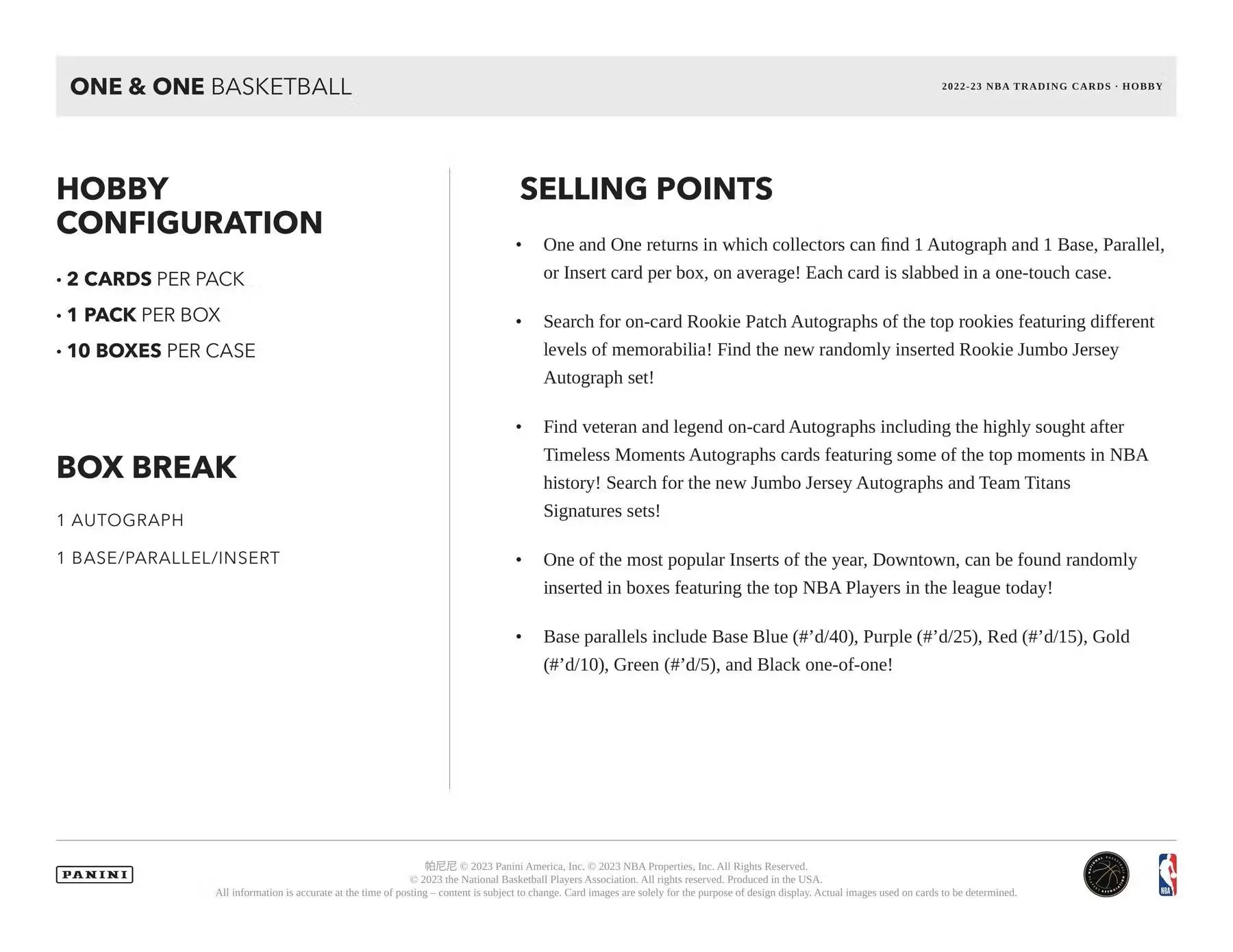 2022-23 Panini One and One Basketball Hobby Box