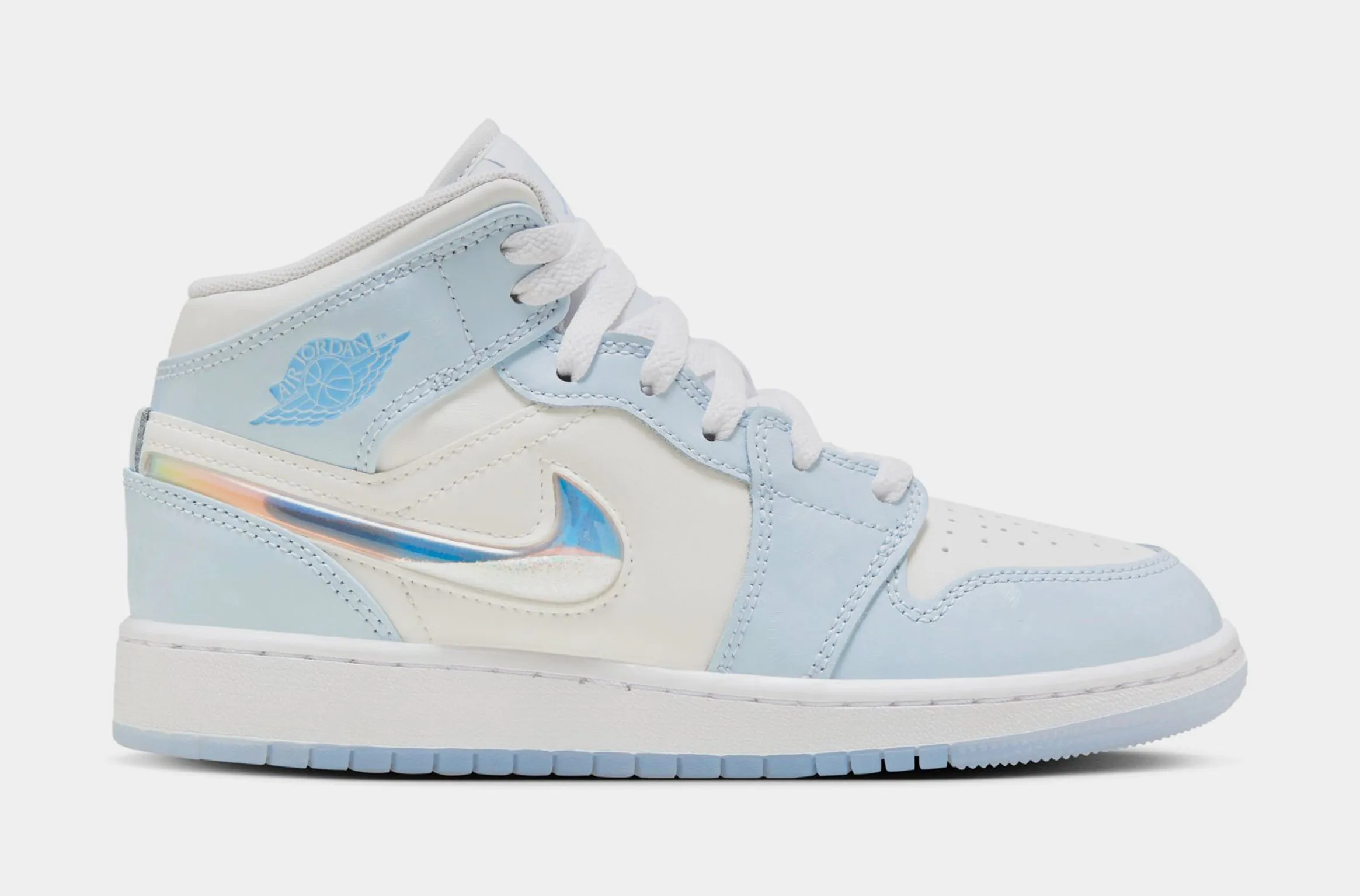 Air Jordan 1 Mid SE Glitter Swoosh Grade School Lifestyle Shoes (Blue/White)