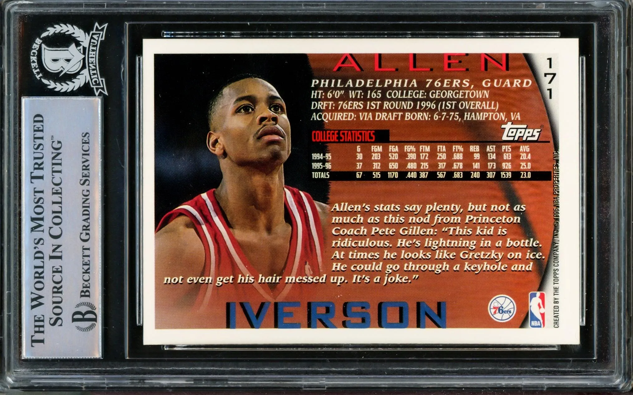 Allen Iverson Autographed 1996-97 Topps Starting Lineup Rookie Card #171 Philadelphia 76ers Beckett BAS #14863341