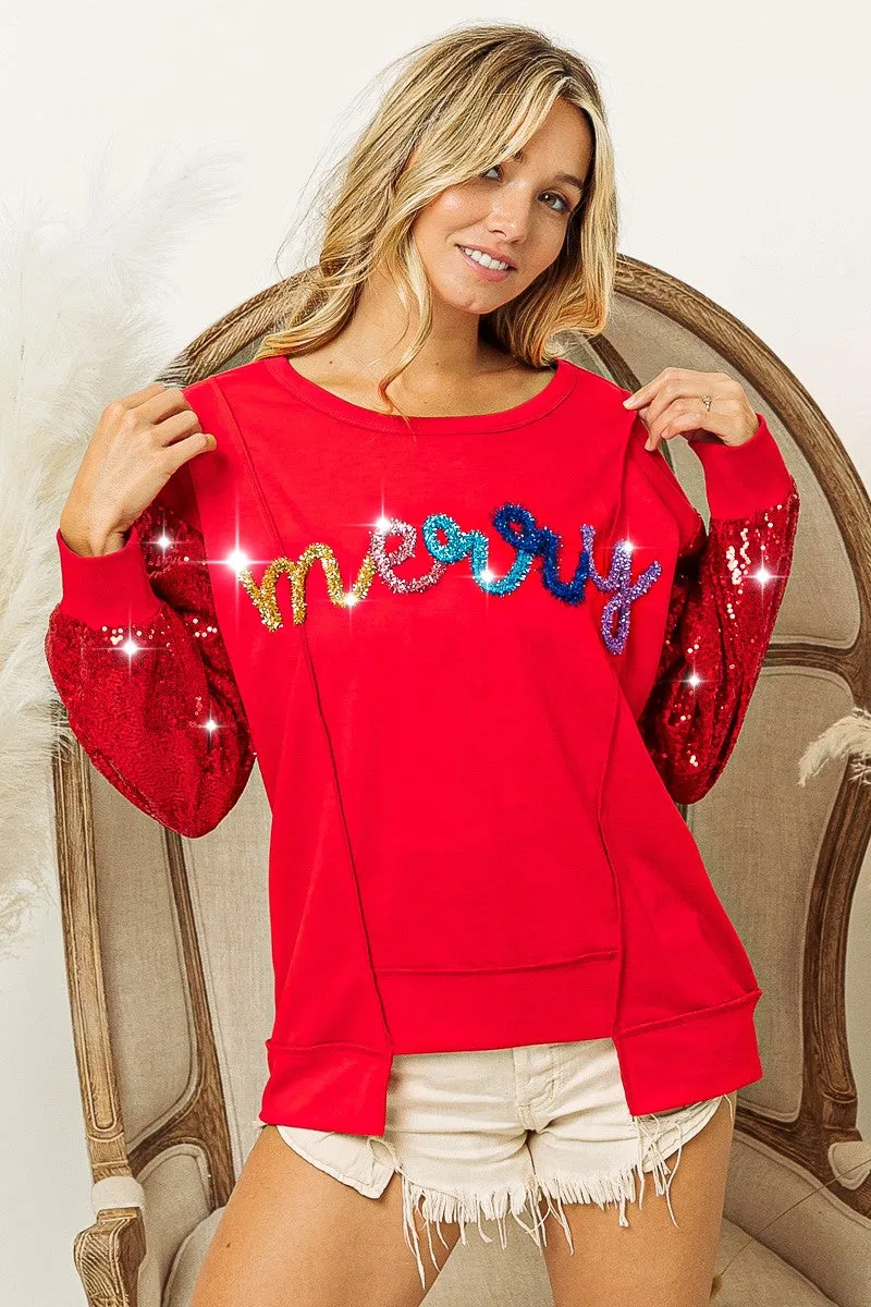 BiBi Metallic Tinsel MERRY Lettered Front with Sequin Sleeves Top in Red