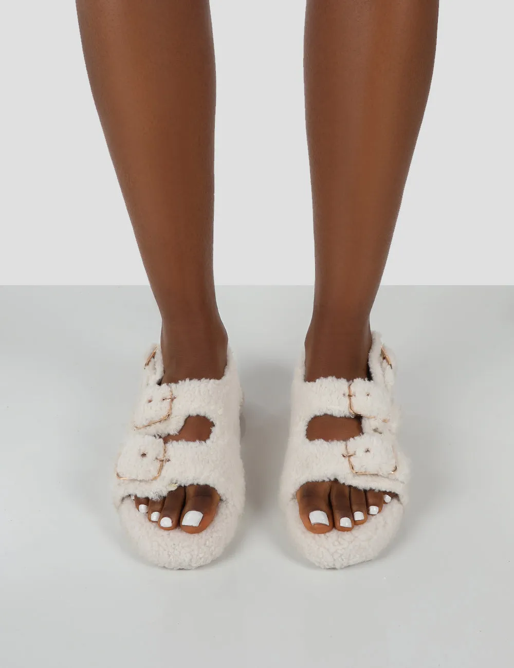 Bliss Cream Borg Fluffy Faux Fur Buckled Grandad Sandals