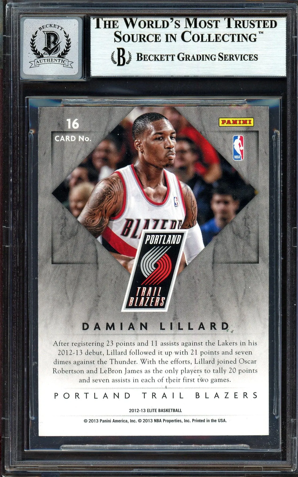 Damian Lillard Autographed 2012-13 Panini Elite Rookie Card #16 Portland Trail Blazers Auto Grade Gem Mint 10 Beckett BAS #13605398