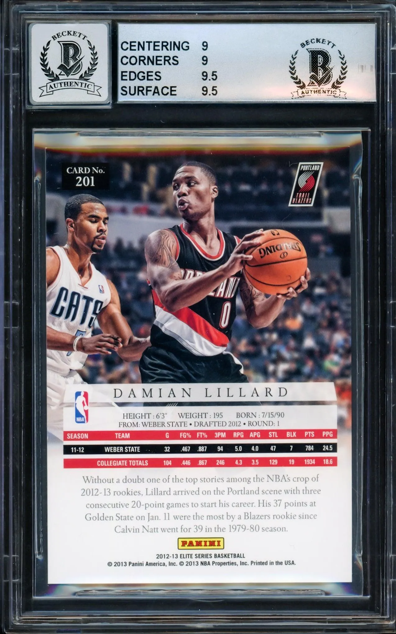 Damian Lillard Autographed 2012-13 Panini Elite Series Rookie Card #201 Portland Trail Blazers BGS 9 Auto Grade Gem Mint 10 #207/249 Beckett BAS #14323939