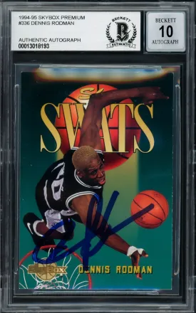 Dennis Rodman Autographed 1995-96 Skybox Swats Card #336 San Antonio Spurs Auto Grade Gem Mint 10 Beckett BAS Stock #220317