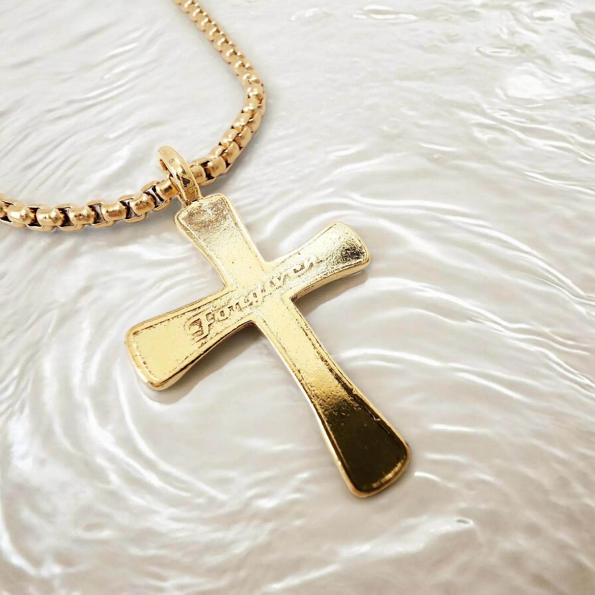 Forgiven Cross Gold Metal Finish Gold Heavy Chain Necklace