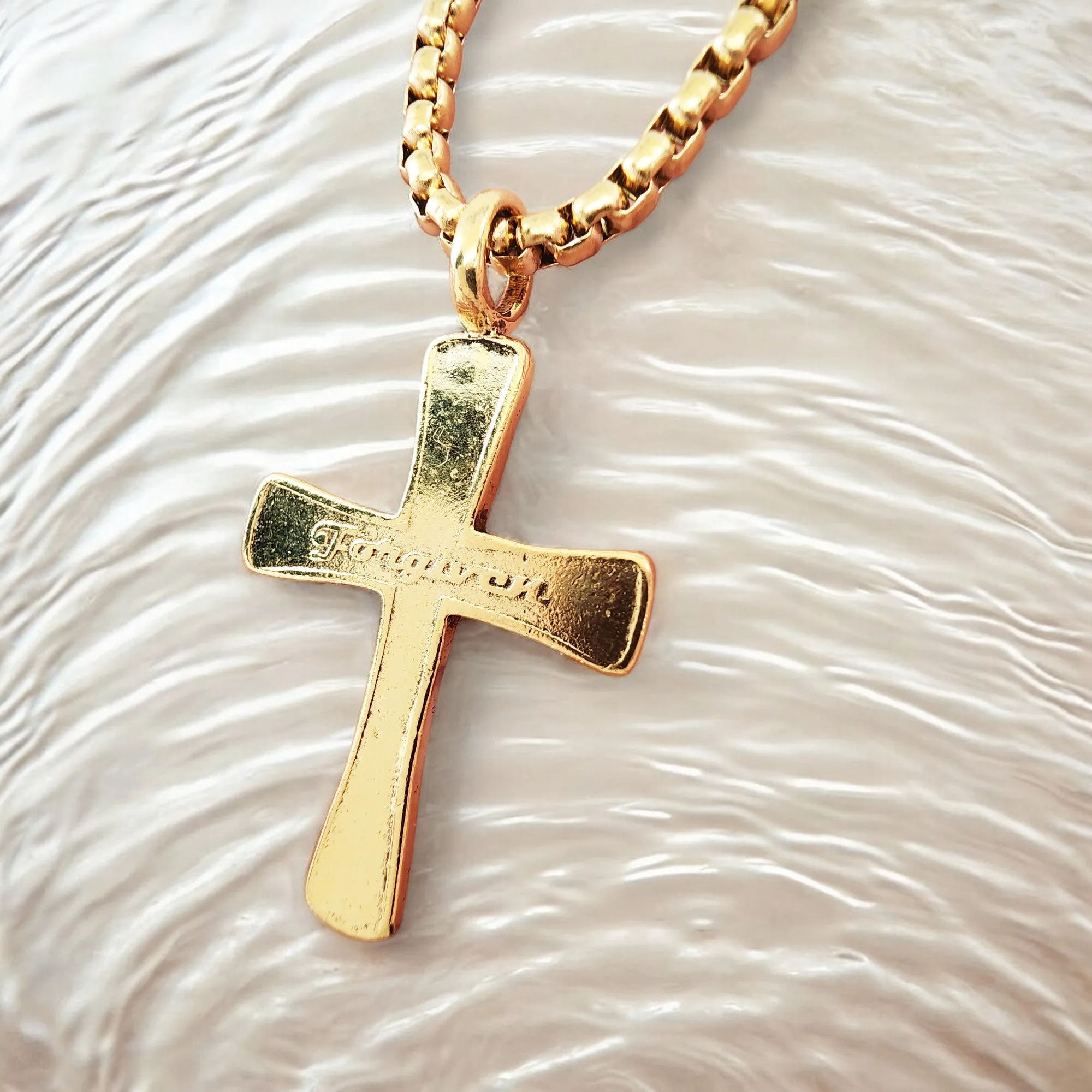 Forgiven Cross Gold Metal Finish Gold Heavy Chain Necklace