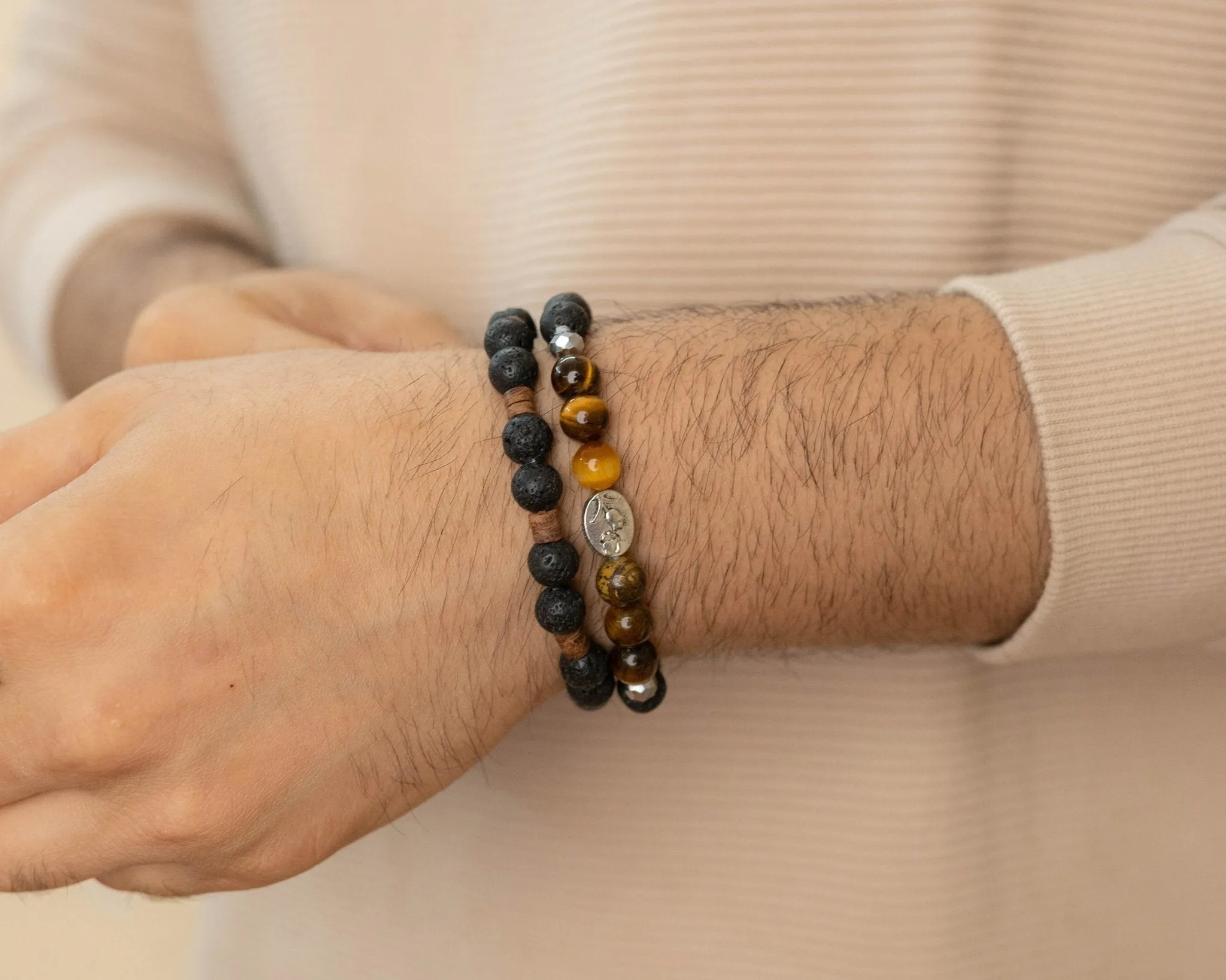 Lava & Tiger's Eye Beads with Silver Charm Combo Bracelets