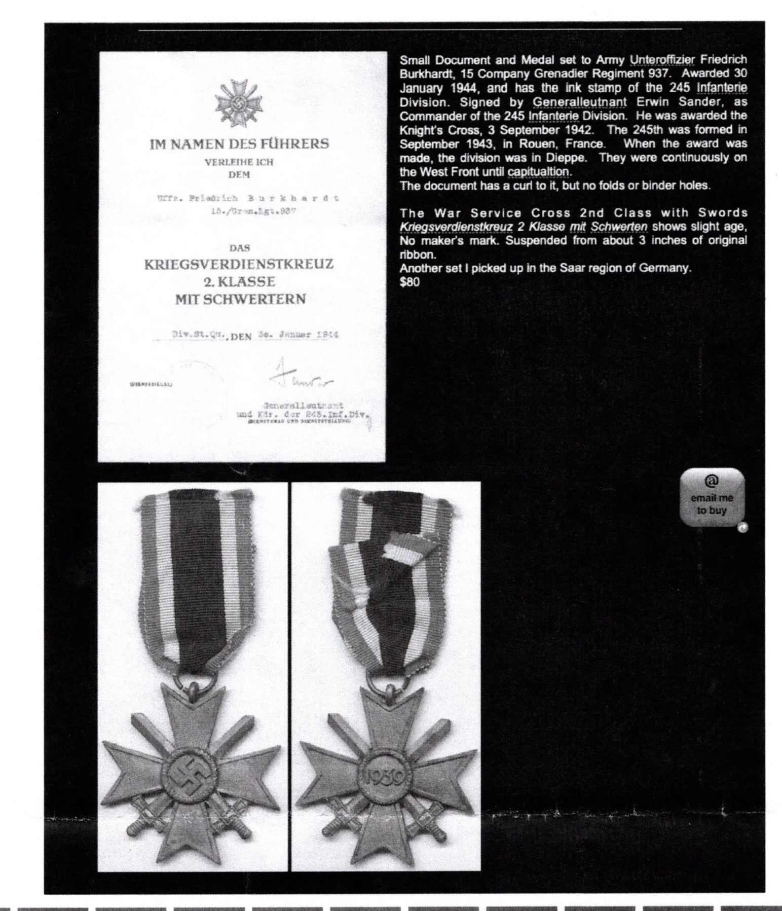 Original German WWII War Merit Cross 2nd Class with Swords and Named Award Document