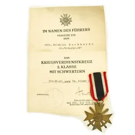 Original German WWII War Merit Cross 2nd Class with Swords and Named Award Document