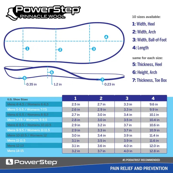 PowerStep Wool Insoles Arch Support Wool Orthotic, Temperature Control Insoles