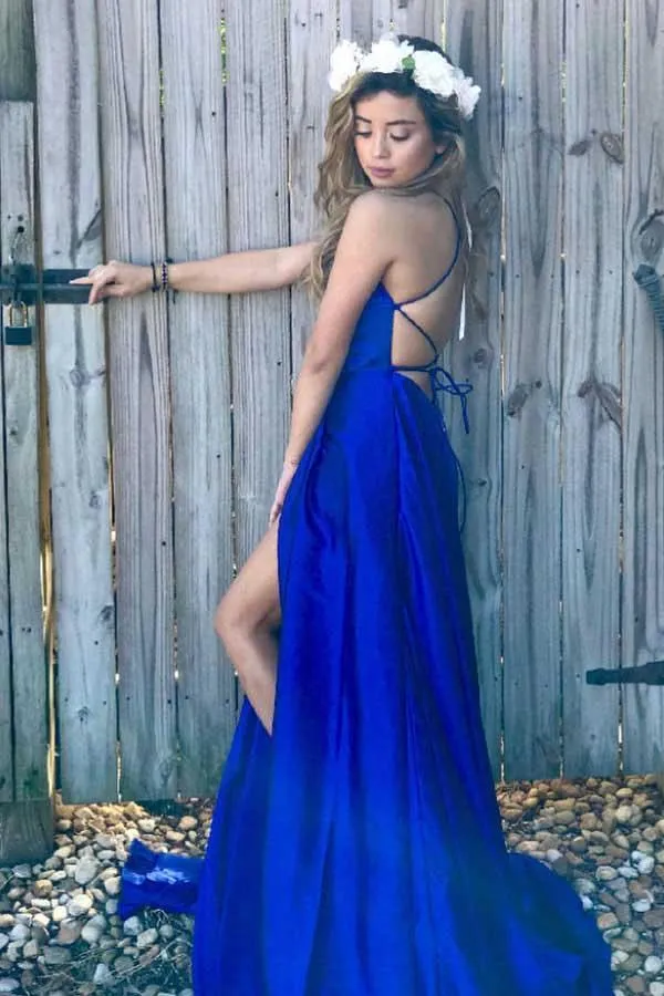 Scoop Split Side Royal Blue Criss-Cross Straps Satin Prom Dress PG500