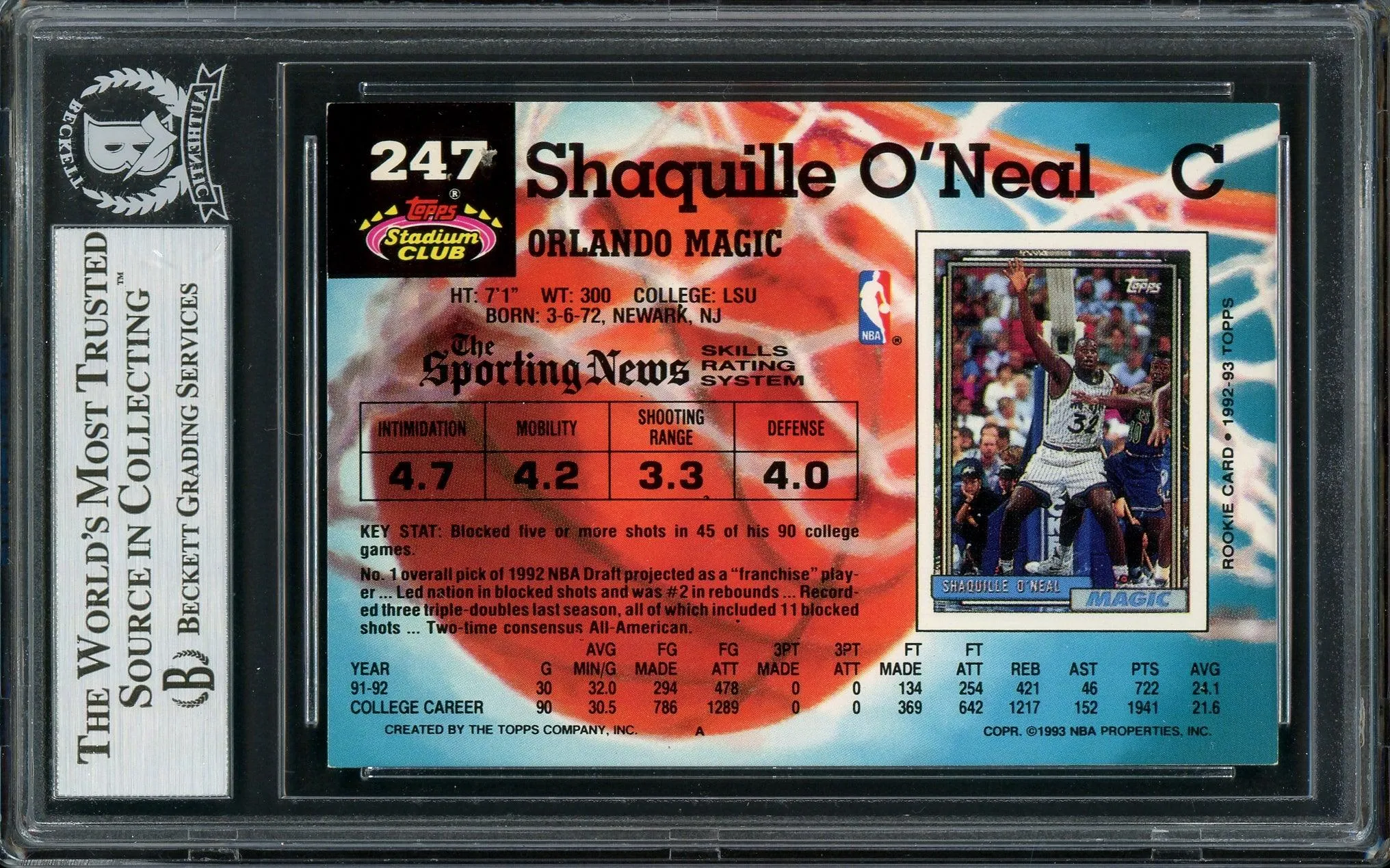 Shaquille Shaq O'Neal Autographed 1992-93 Stadium Club Rookie Card #247 Orlando Magic Beckett BAS #13020282