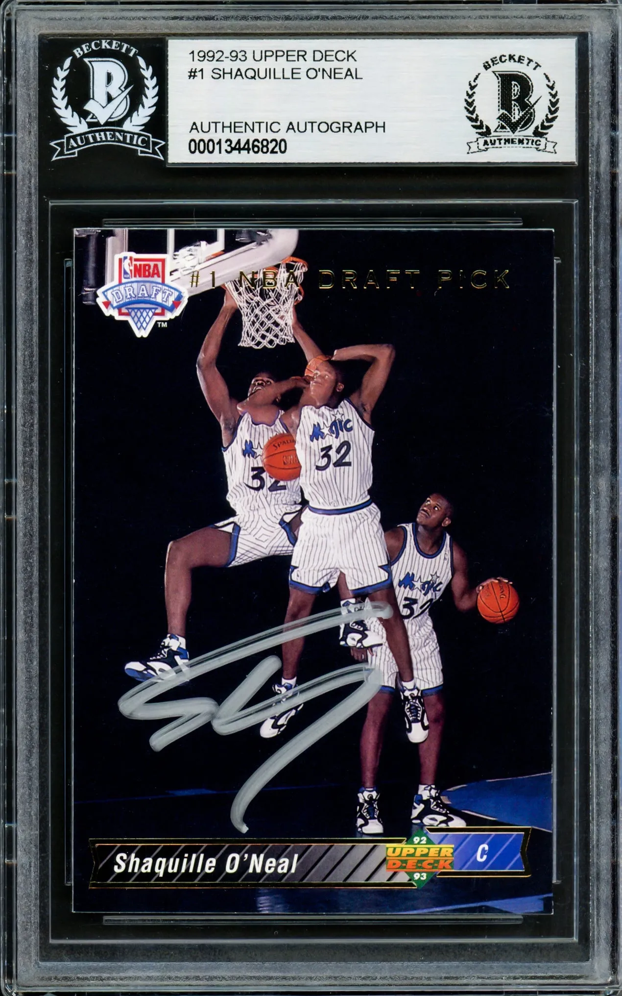 Shaquille Shaq O'Neal Autographed 1992-93 Upper Deck Rookie Card #1 Orlando Magic Beckett BAS Stock #211237