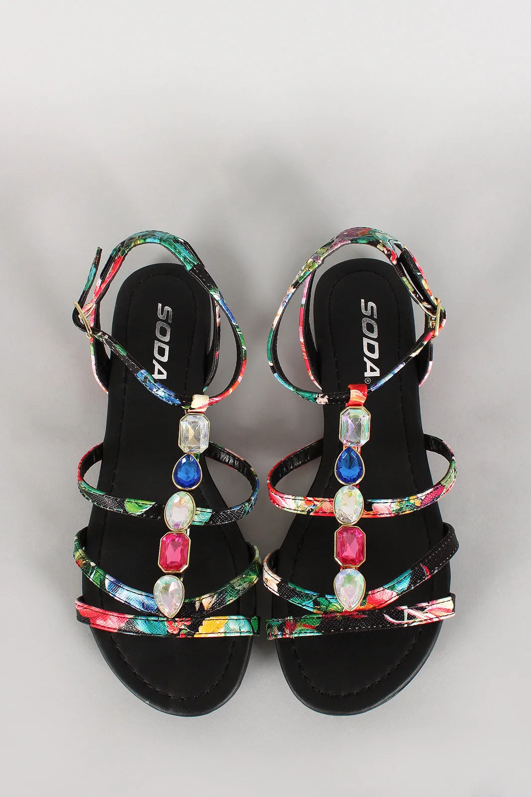 Soda Floral Jeweled Strappy Open Toe Flat Sandal