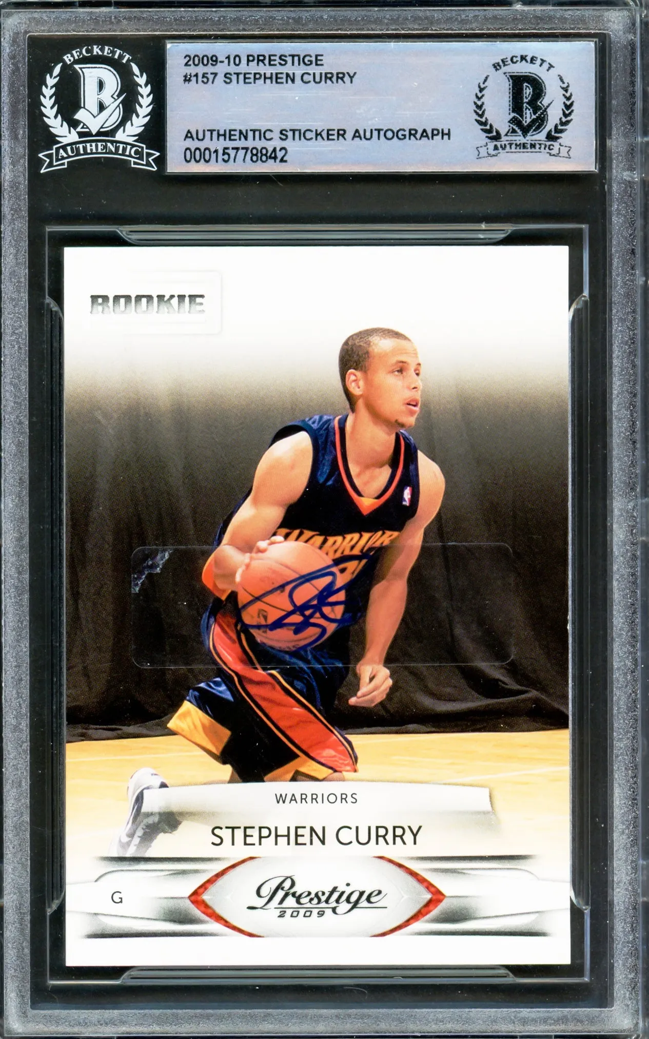 Stephen Curry Autographed 2009-10 Panini Prestige Rookie Card #157 Golden State Warriors Beckett BAS #15778842