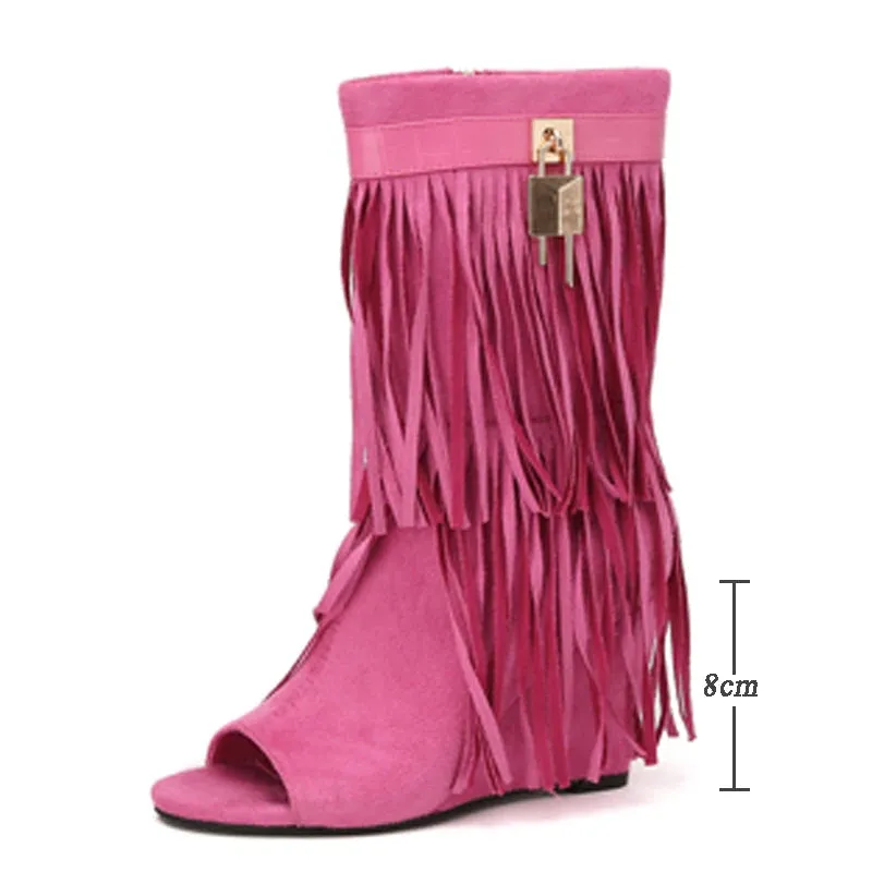 Trendy Fringe Wedge Sandals Open Toe Boots