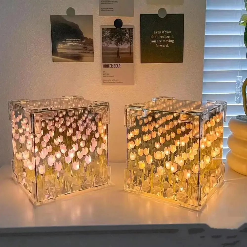 Tulip Mirror Cube Sleeping Table Lamp Romantic Handmade Craft Light