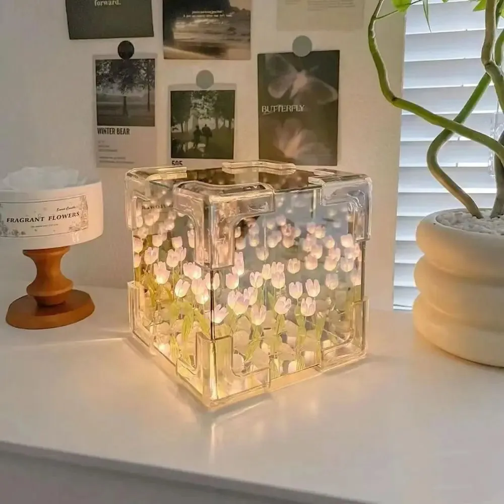 Tulip Mirror Cube Sleeping Table Lamp Romantic Handmade Craft Light